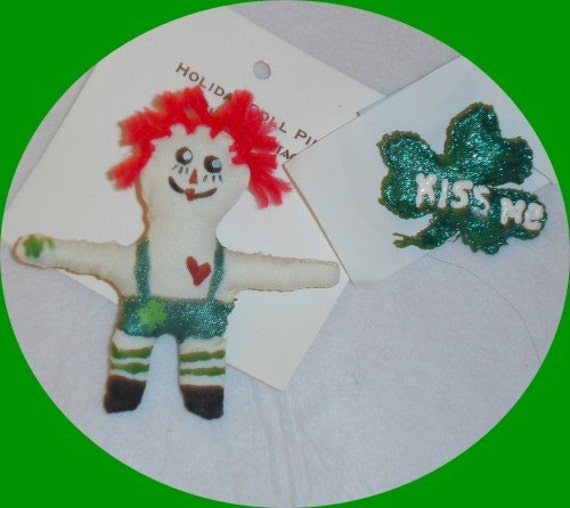 St. Patricks Day Pin. Raggedy Andy Doll. Shamrock Pin. Irish