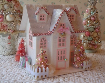 PINK Putz Cottage House - Lighted with Bottle Brush Trees