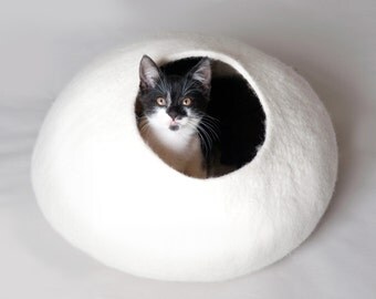 White Bubble - Hand Felted Wool Cat Bed / Vessel - Crisp Contemporary Design
