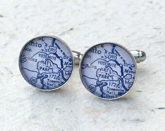 Yosemite Map Cufflinks - Yosemite National Park Vintage Map Cufflink Set - Great gift for dad for fathers day - Custom Map Gifts for him