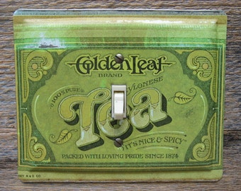 Upcycled Recycled Repurposed Advertising Tins Tin Light Switchplates Ballonoff Golden Leaf Tea Canisters Handmade Into Switch Plates SP-0058