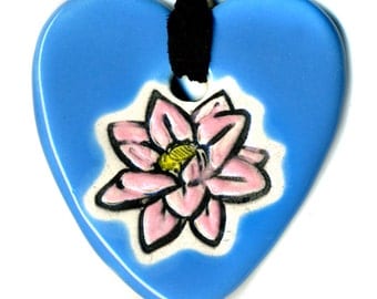 Lotus Flower Heart Ceramic Necklace in Bright Blue