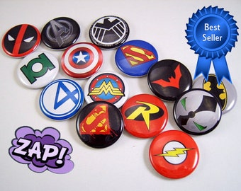 Superheros Magnets, Superheros Pins, Superheros Cabochons, Superhero Party Favor, Superhero Wedding Favors, Fan Collection No. 1
