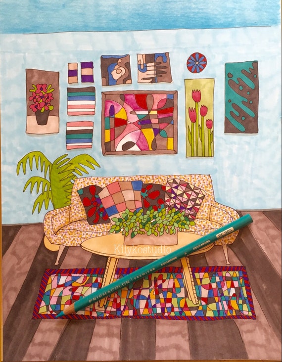 mid century modern living room adult coloring page instant