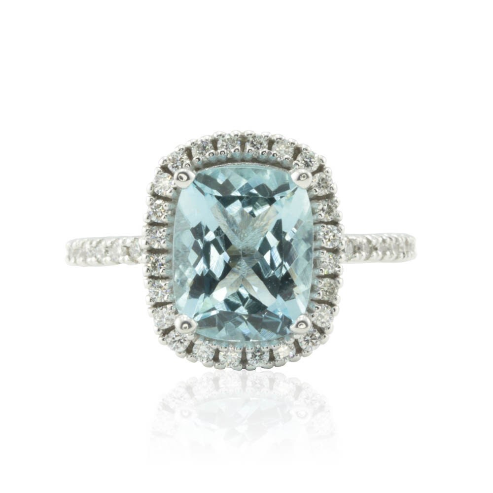 Halo Engagement Ring Rectangular Cushion cut Aquamarine Ring