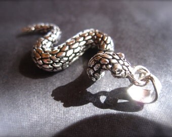 Movable snake pendant - tail moves - solid sterling silver - oxidized and polished - with bail