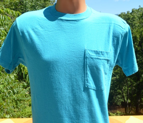 Download vintage 80s t-shirt plain blank POCKET tee teal blue green