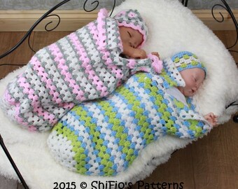 CROCHET PATTERN For Granny st Baby Cocoon, Papoose & Hat in 3 Sizes PDF 329 Digital Download