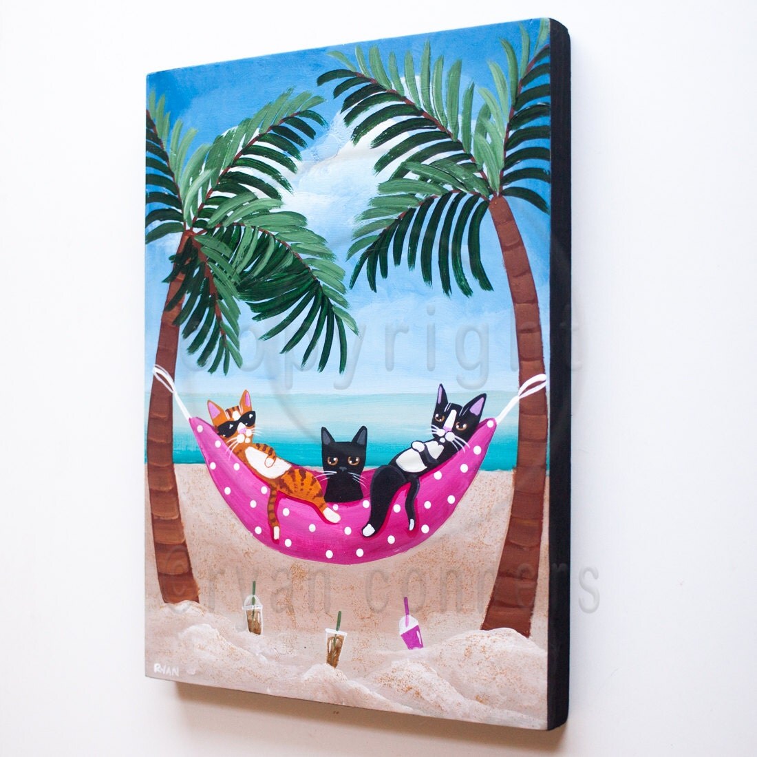 Beach Cats in Hammock Original Beach Cat Folk Art Painting