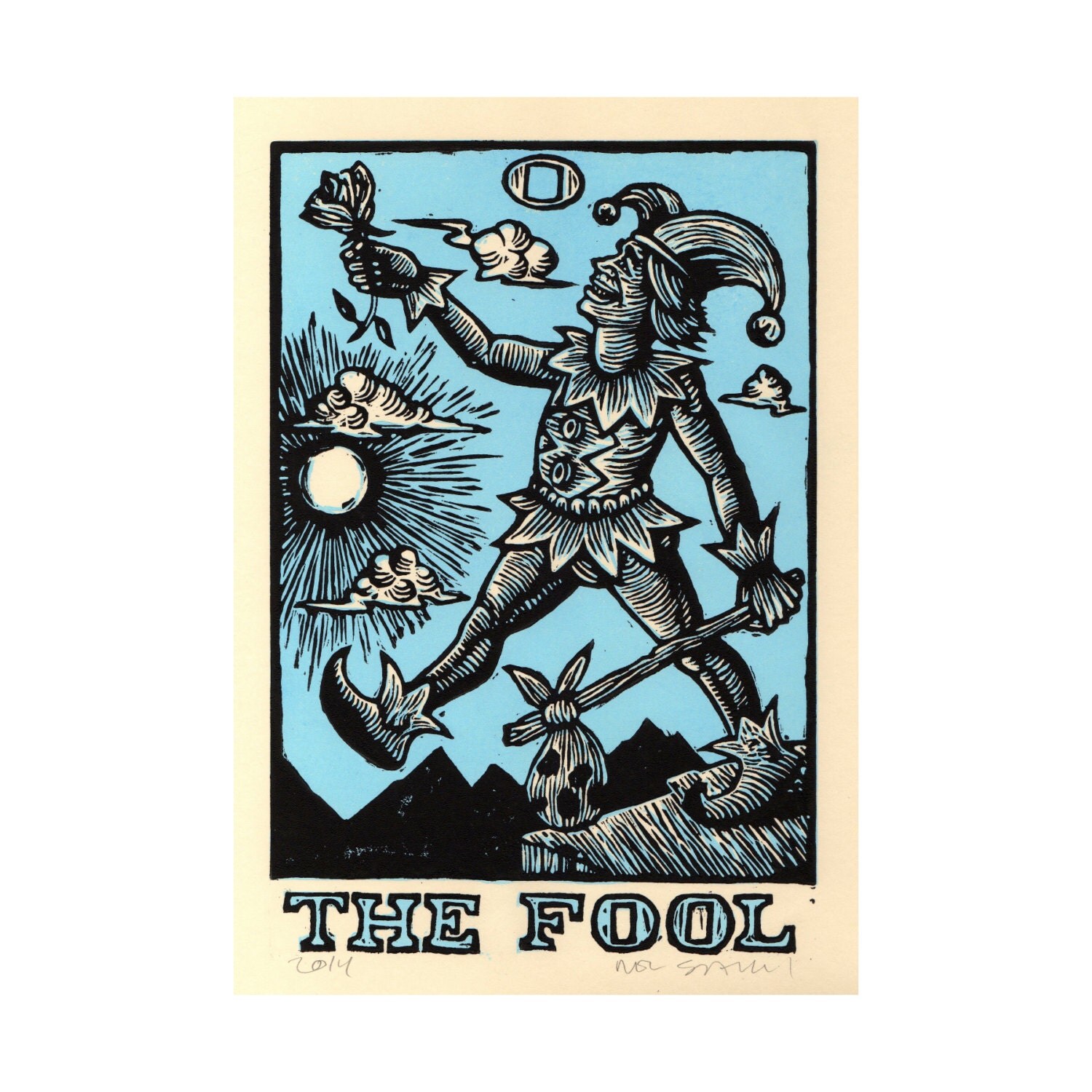 Occult Art Print Fool Tarot Card Linocut Art The Fool Tarot