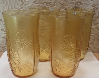 Vintage Anchor Hocking drinking glasses Spring Song Ice tea daisy honey gold