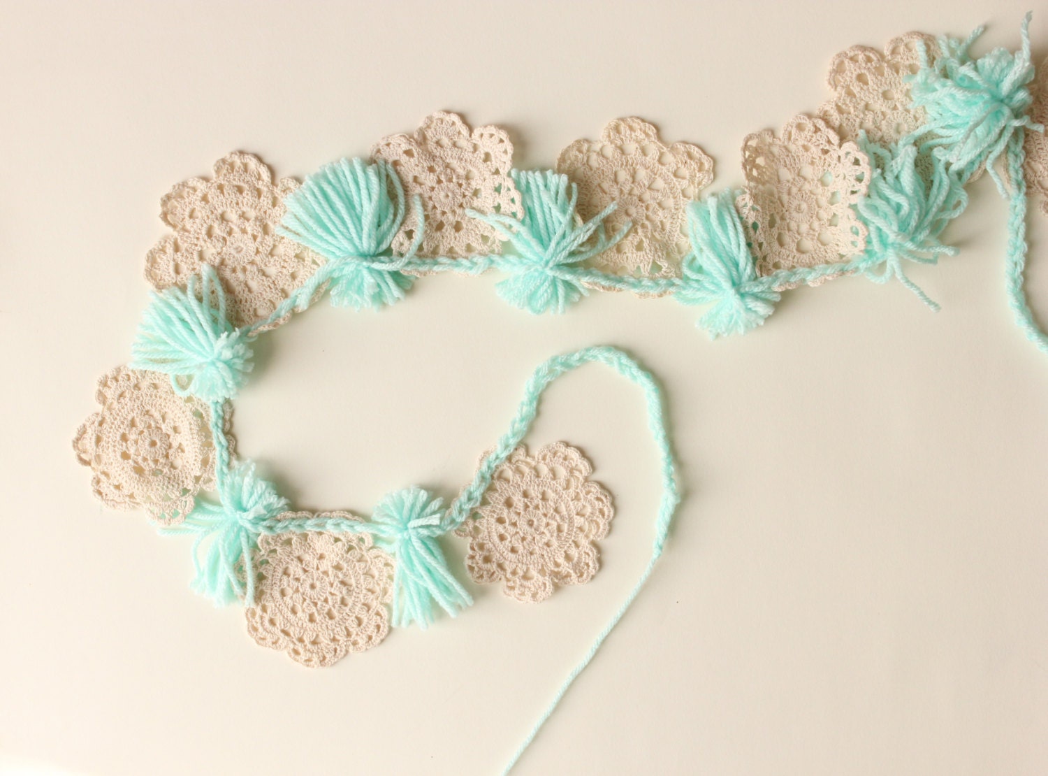 Crochet tassel garland Vintage wedding decor Ivory doily up