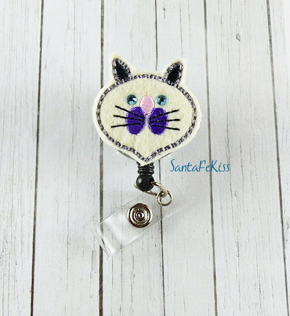 Purple Cat with rhinestone eyes ID Badge Embroidered Felt