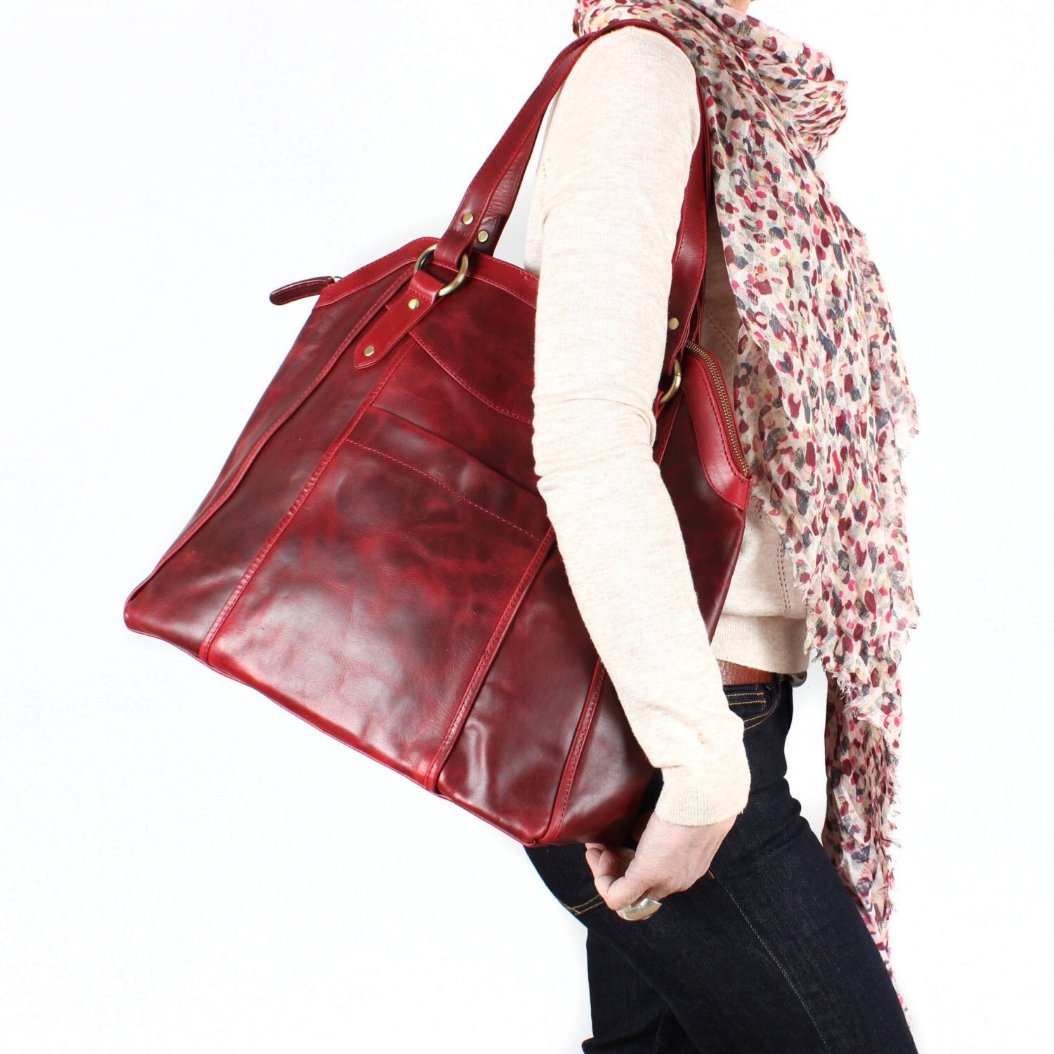 large red leather tote