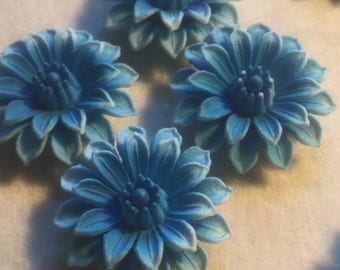 6 Vintage Celluloid Blue Dahlia Flower Cabochon