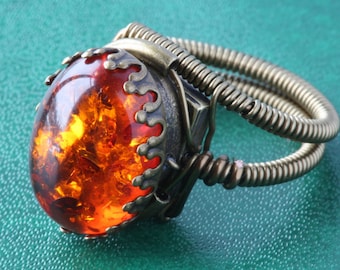 Amber ring, Steampunk Jewelry - Ring - Lab created Amber - 18x13mm