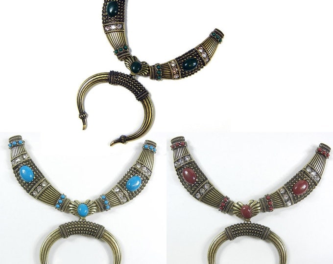 Burnished Gold-tone Tribal Bib Pendant Choose Color: Green, Blue or Brown Acrylic Cabochons