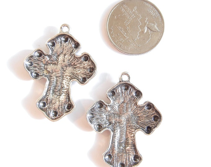 Pair of Antique Silver-tone Spanish Western Style Cross Charms with Rhinestone Accents