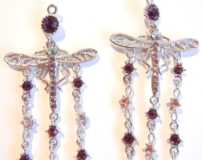 Pair of Long Dragonfly Drop Charm with Amthyst Purple Rhinestones