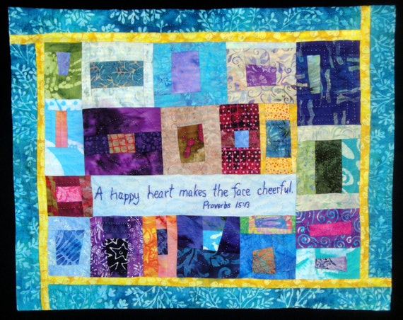 Happy Blue Art Quilt  Wall Hanging | A Happy Heart Makes The Face Cheerful Proverbs 15:13