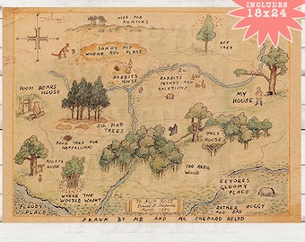 Winnie the Pooh Printable. 100 acre wood Map, Vintage Childrens Printable, Printable, Disney Kids Art, Disney Illustration,Kids Room Decor