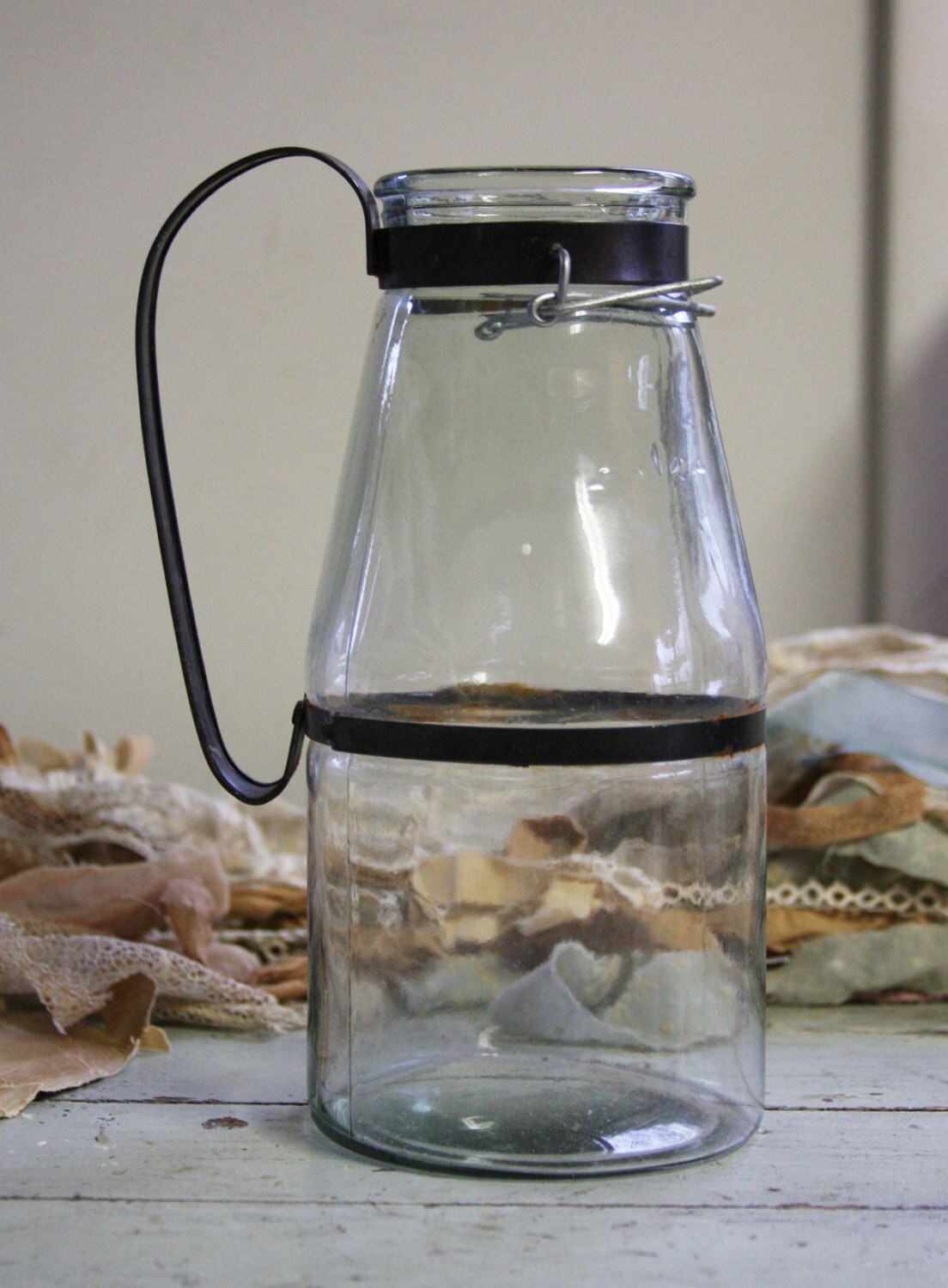 Vintage Glass Milk Bottle With Black Metal Handle Farmhouse 2134