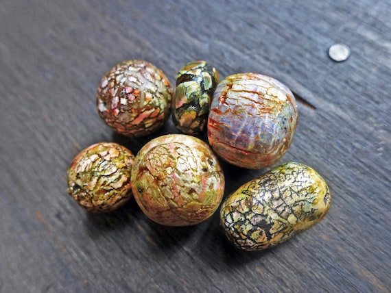 Crackling Embers- rustic polymer clay art bead set (6)- handmade artisan beads in mustard