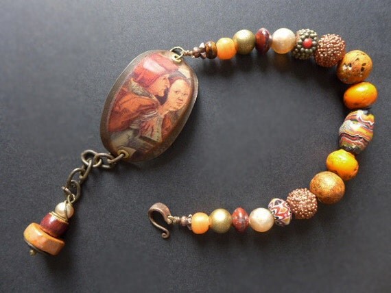 Bloom of Youth. Rustic assemblage bracelet in earthy orange brown.