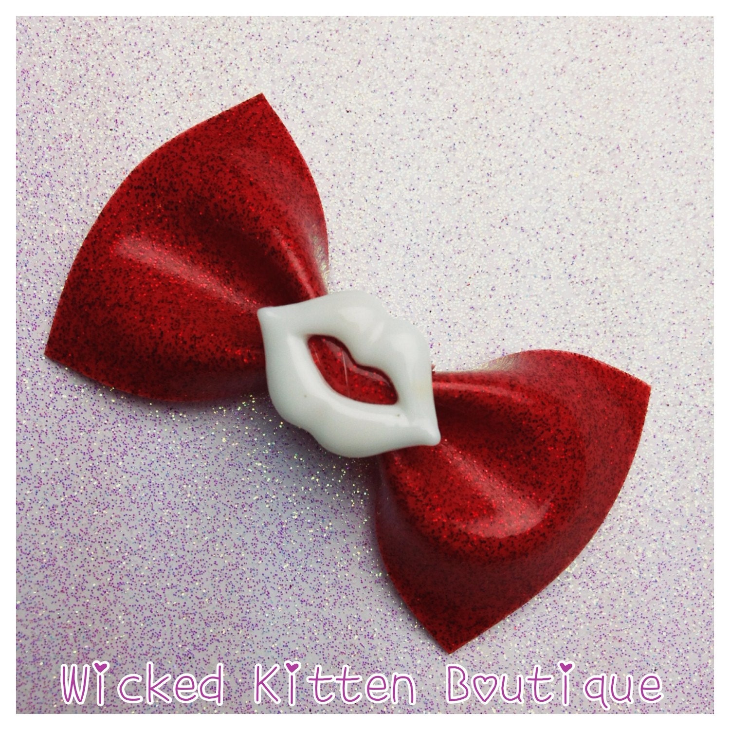 Red Glitter Vinyl Hair Bow small white lips Rockabilly Bow