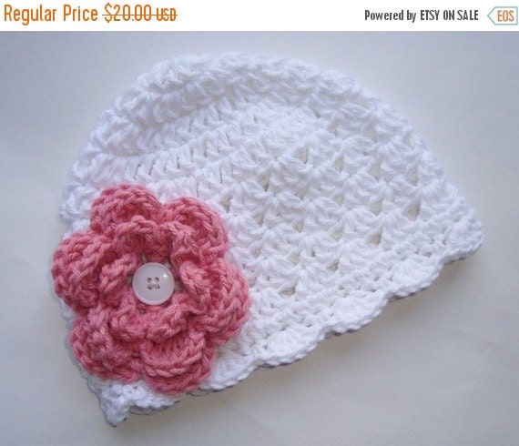 SALE Crochet Baby Hat White and Rose Pink 100 Percent by Karenisa
