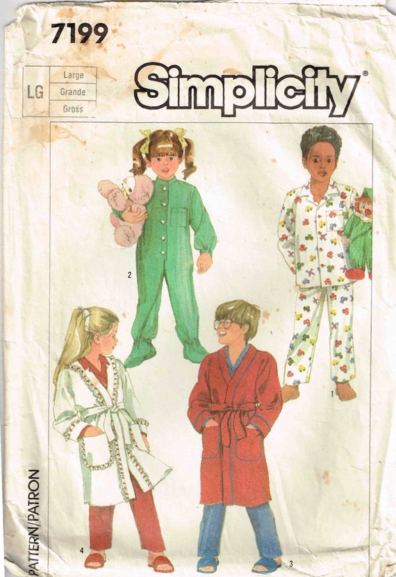 Children Sleeper, Robe and Pajamas Top Pants Sewing Pattern Simplicity 7199 Children Child Size L Large 6 6x Boys Girls