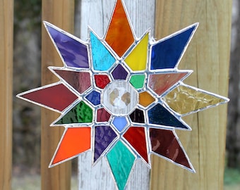 Multicolored Geometric Stained Glass Suncatcher with Glass Crystal Prism