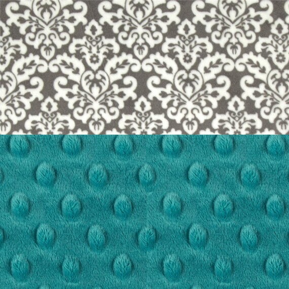 Minky Baby Blanket, Teal Blue Gray Damask Personalized Baby Blanket // Gray Damask Blanket // Girl Baby Blanket / Name Blanket