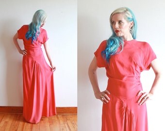 1930s dress | 30s red bias cut rayon evening gown | size m