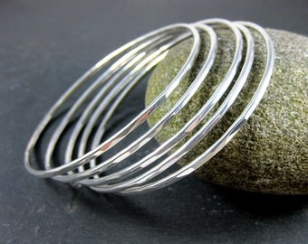 Silver Bangle Bracelets, Set of 5 Sterling Silver Bracelets, Stack of Bracelets, Simple Hammered Solid Silver Stacking, Minimalist Jewelry