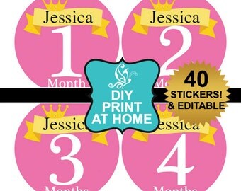 DIY 40 printable Baby monthly stickers Editable custom name Instant download pink princess Digital File (No.75)