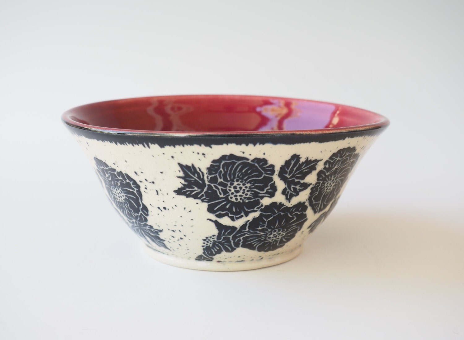 Sgraffito Ceramic Bowl with Carved Anemone Flower Design