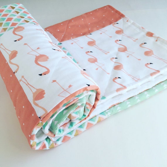 Flamingo Baby Girl Blanket Quilt with Minky Back Coral and