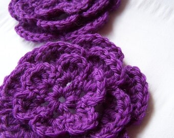 Crocheted flowers motif 3 inch applique purple set of 2 wool