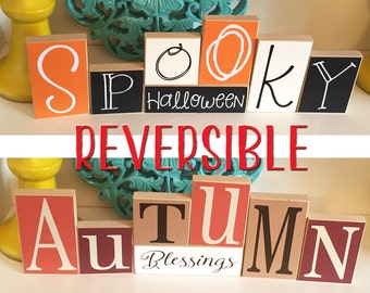 Halloween and Fall Reversible Blocks- Halloween Decor, Halloween Blocks, Halloween Sign, Autumn Decor, Fall Decor, Autumn Blocks, Fall Sign