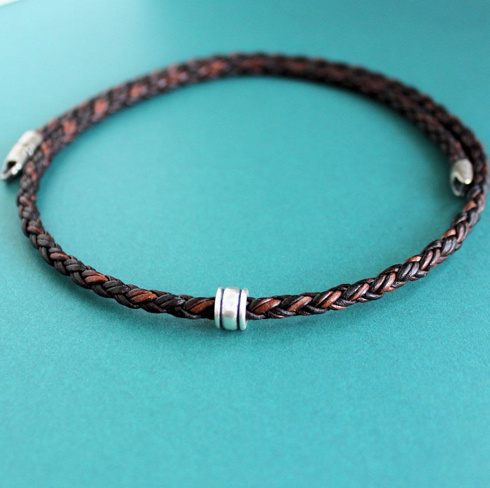 Mens Leather Braid Necklace Single Silver Bead Mens Brown