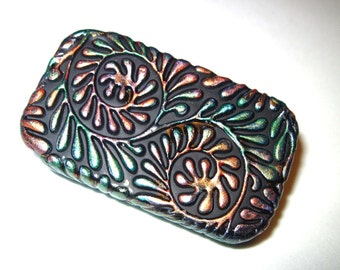 Pill Box Black and Jewel Tone Art Nouveau Ferns Metal Slide Top Tin Beautiful Purse Accessory Handmade Gift FREE Grey Velvet Gift Pouch