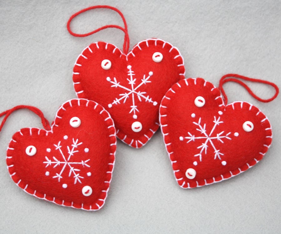 Felt Christmas Heart ornaments Handmade red and white