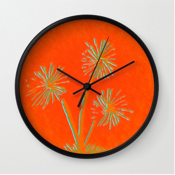 ARTSY WALL CLOCK bright reddish orange dandelion design