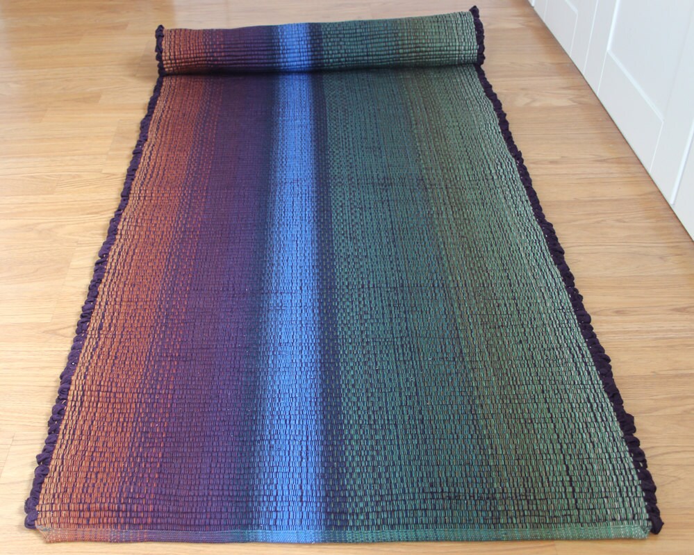 Woven Cotton Rag Rug Runner in Sage Blue and Eggplant Machine