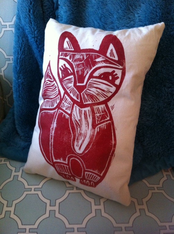 Hand Printed Block Print Fox Pillow - Jubilee Art by Patti Miller