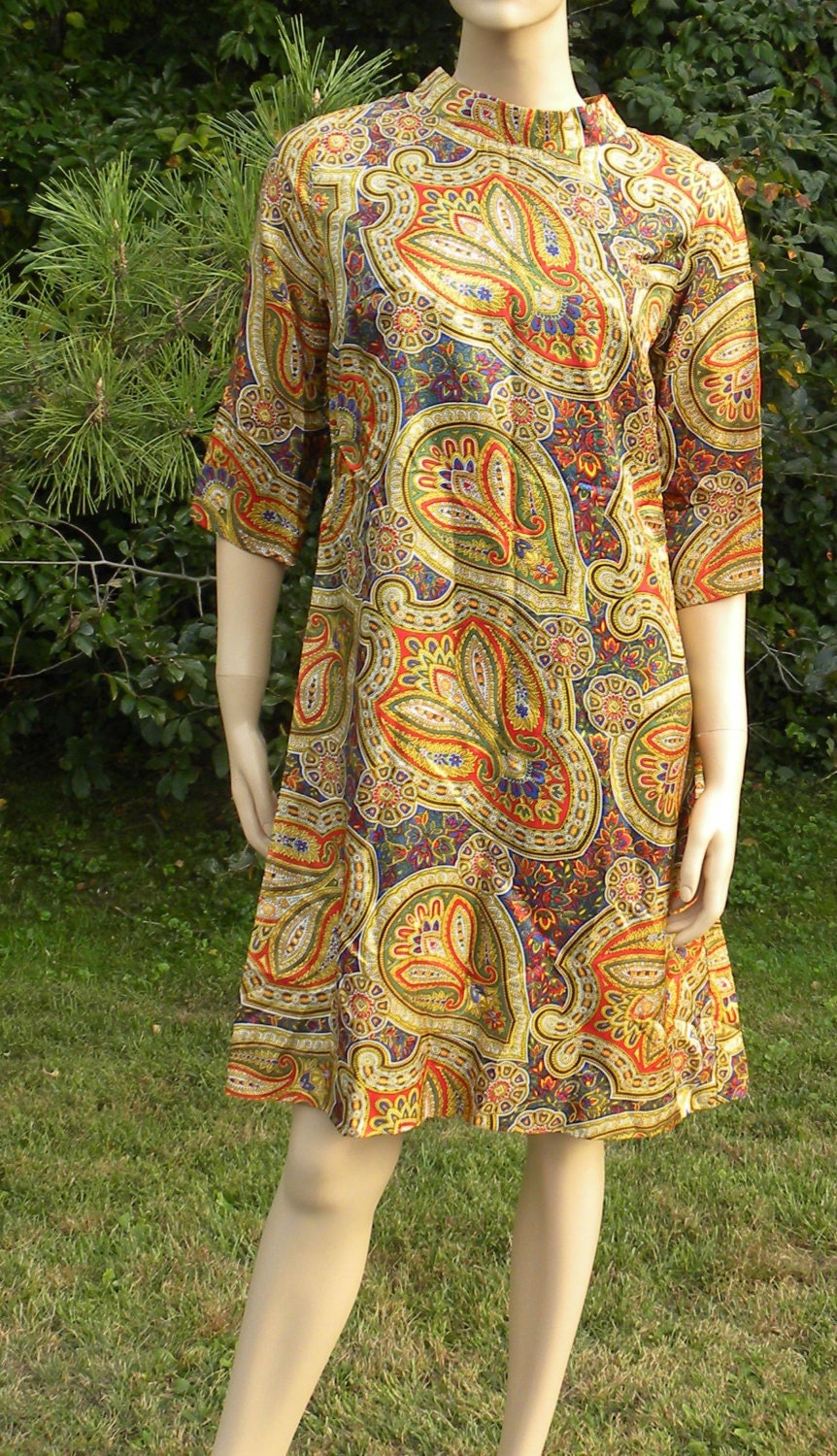 1960s Shift Dress Vintage Paisley Print A-Line Shift Boho