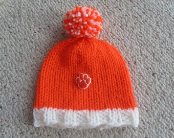 CLEMSON TIGERS Hand Knit Baby Hat, Clemson Baby Hat, Clemson University, Hand Knitted Baby Hat, Football Baby Hat, Sports Baby Hat