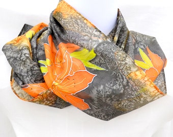 Hand Painted Silk Scarf, Painted Orange Flowers Scarf , Flower Scarf, 61 x 10.5 inches, Made in Australia SallyAnnesSilks F1