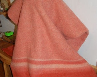 Vintage Coral / Sunset Orange Striped Fluffy Wool Blanket with Satin Edging ~ 86" long * 68" wide ~Excellent condition